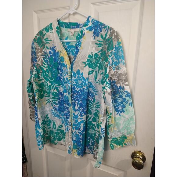 JM Collection Woman 16 Blouse V Neck Floral Multi Color 3/4 Sleeve Hawaiian Vibe - Picture 2 of 9